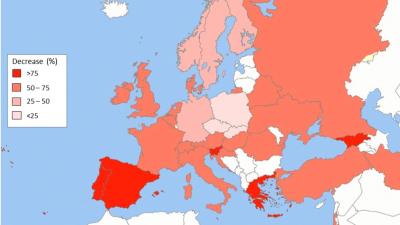 Mapa de Europa que muestra la reducción en el uso de FRAX en línea entre febrero y abril de 2020